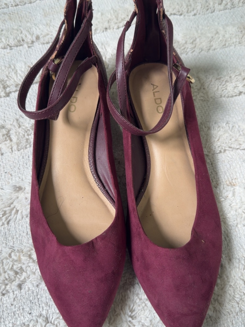 ALDO Burgundy Pointed-Toe Suede Flats with Ankle Straps